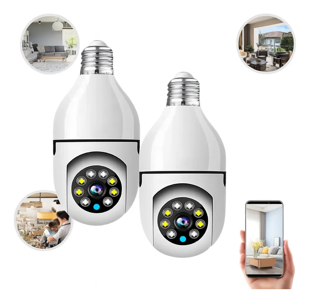 Kit 2 Câmeras Segurança 360 Wifi Ip Hd Lâmpada Visão Noturna